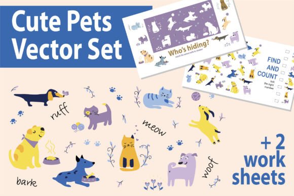 Cute Pets Vector Set Worksheets: Playful Design Assets