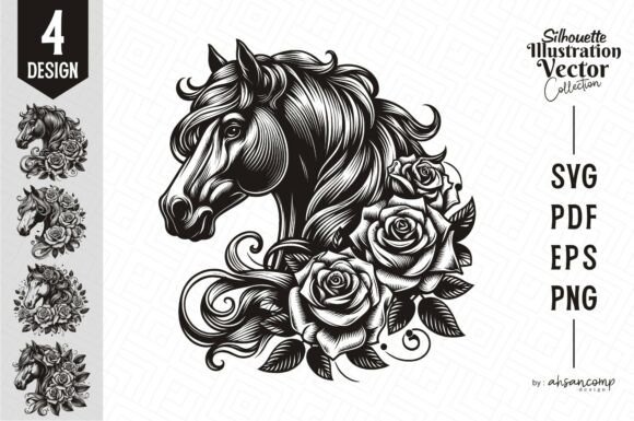 Elegant Horse Head with Roses Vector Art