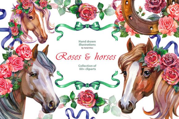 Elevate Your Creative Projects with the Roses and Horses Watercolor Clipart Set