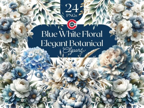 Elevating Design with Elegant Botanical Blue White Floral PNGs