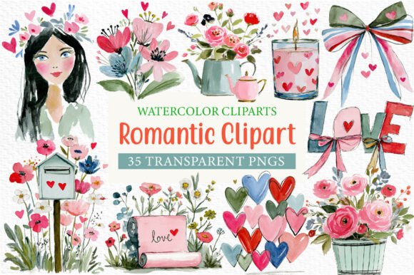 Elevating Design with Watercolor Romantic Clipart PNG Assets