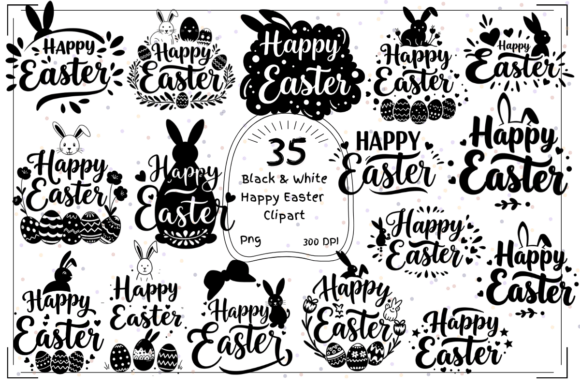 Stylish Black White Happy Easter Text and Clipart Evaluation