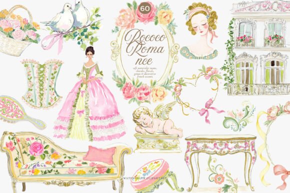 Watercolor Rococo Coquette Clipart Set